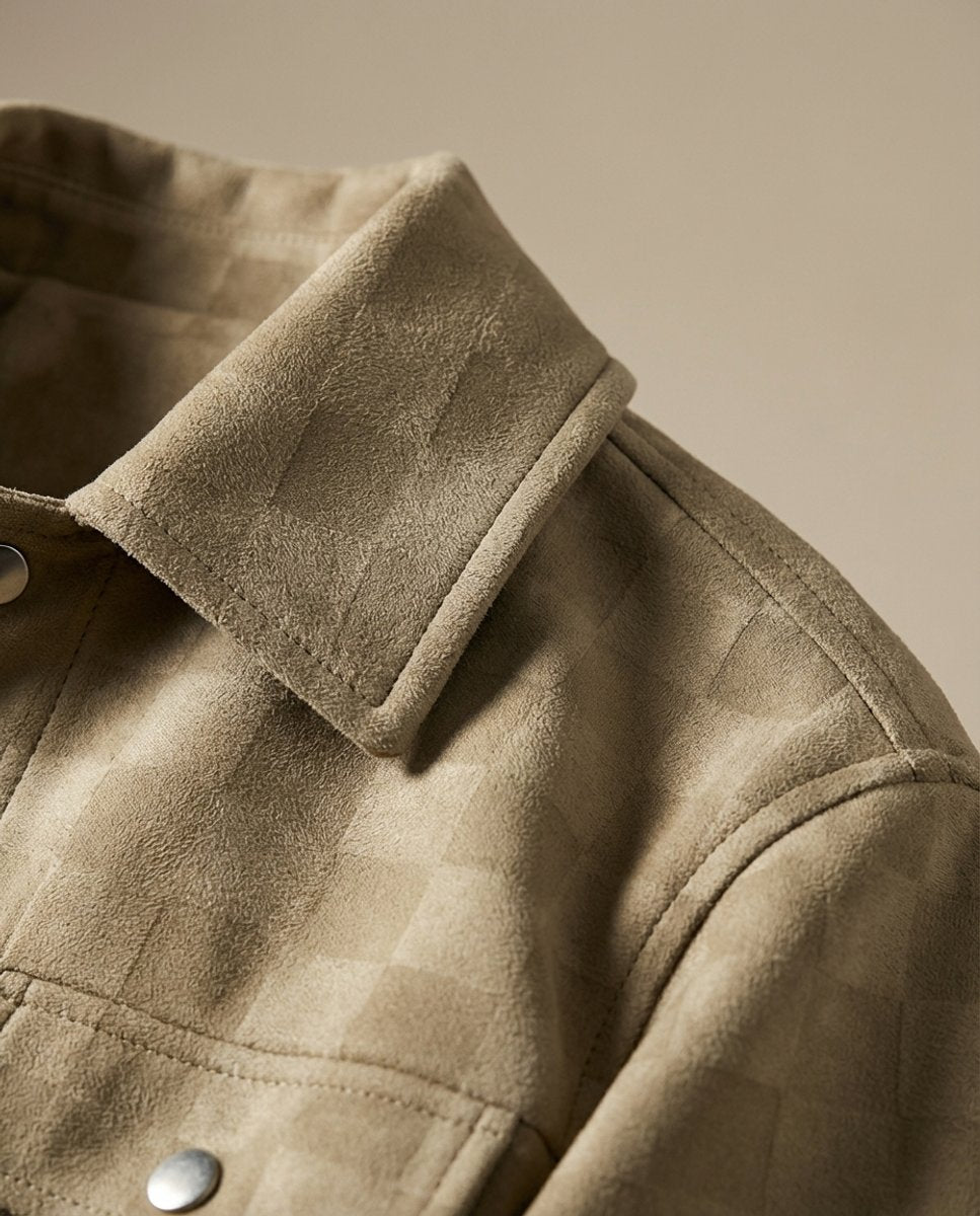 Mens Suede Checked Overshirt Jacket Snap Button Shacket