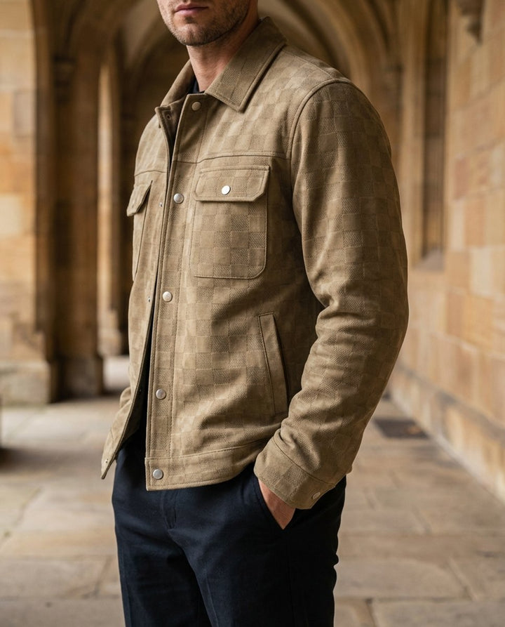Mens Suede Checked Overshirt Jacket Snap Button Shacket