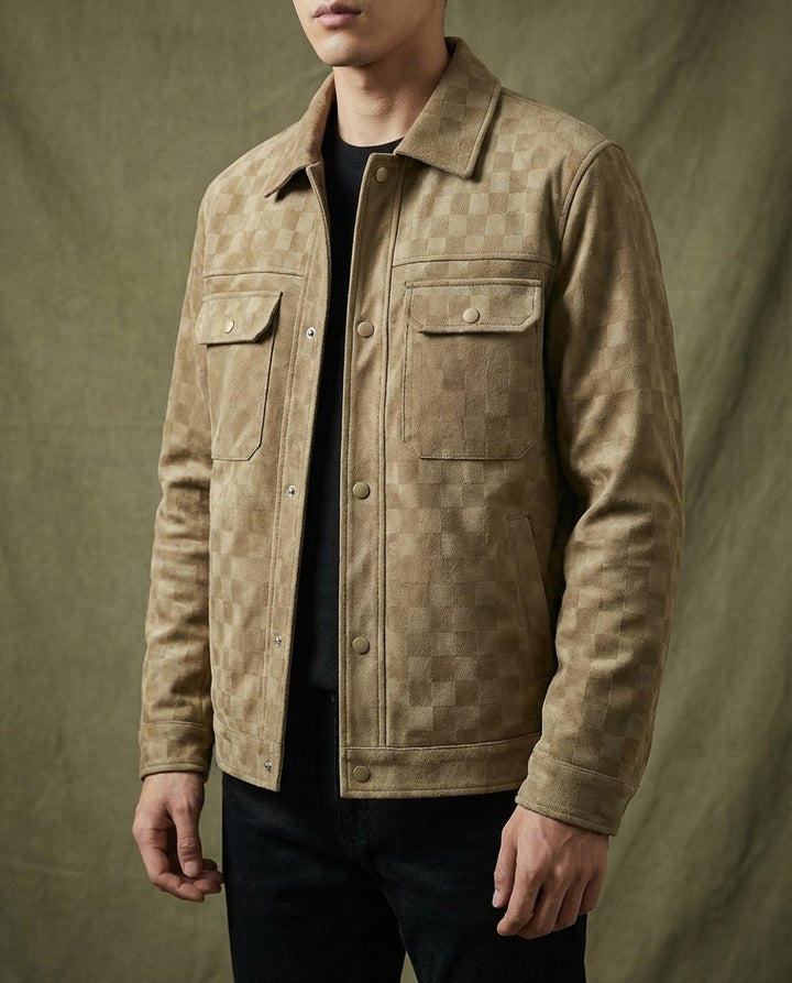 Mens Suede Checked Overshirt Jacket Snap Button Shacket