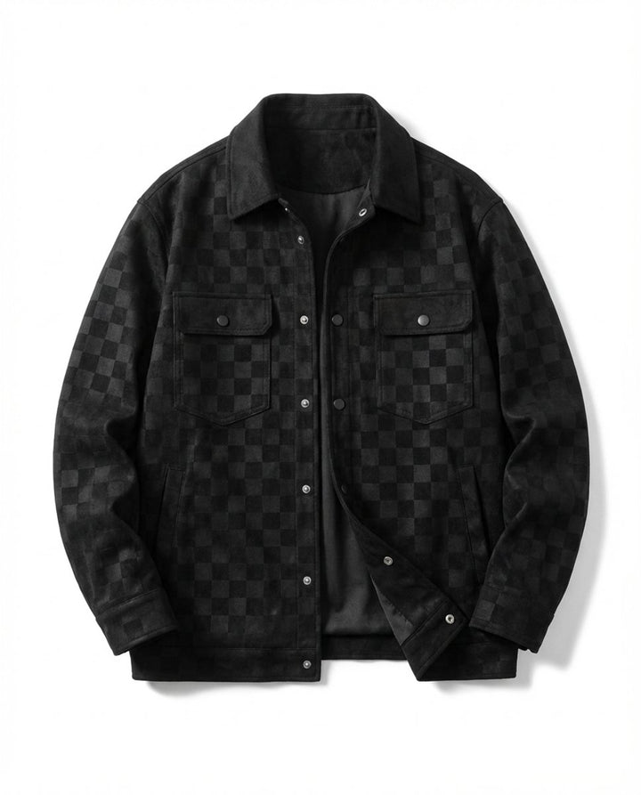 Mens Suede Checked Overshirt Jacket Snap Button Shacket