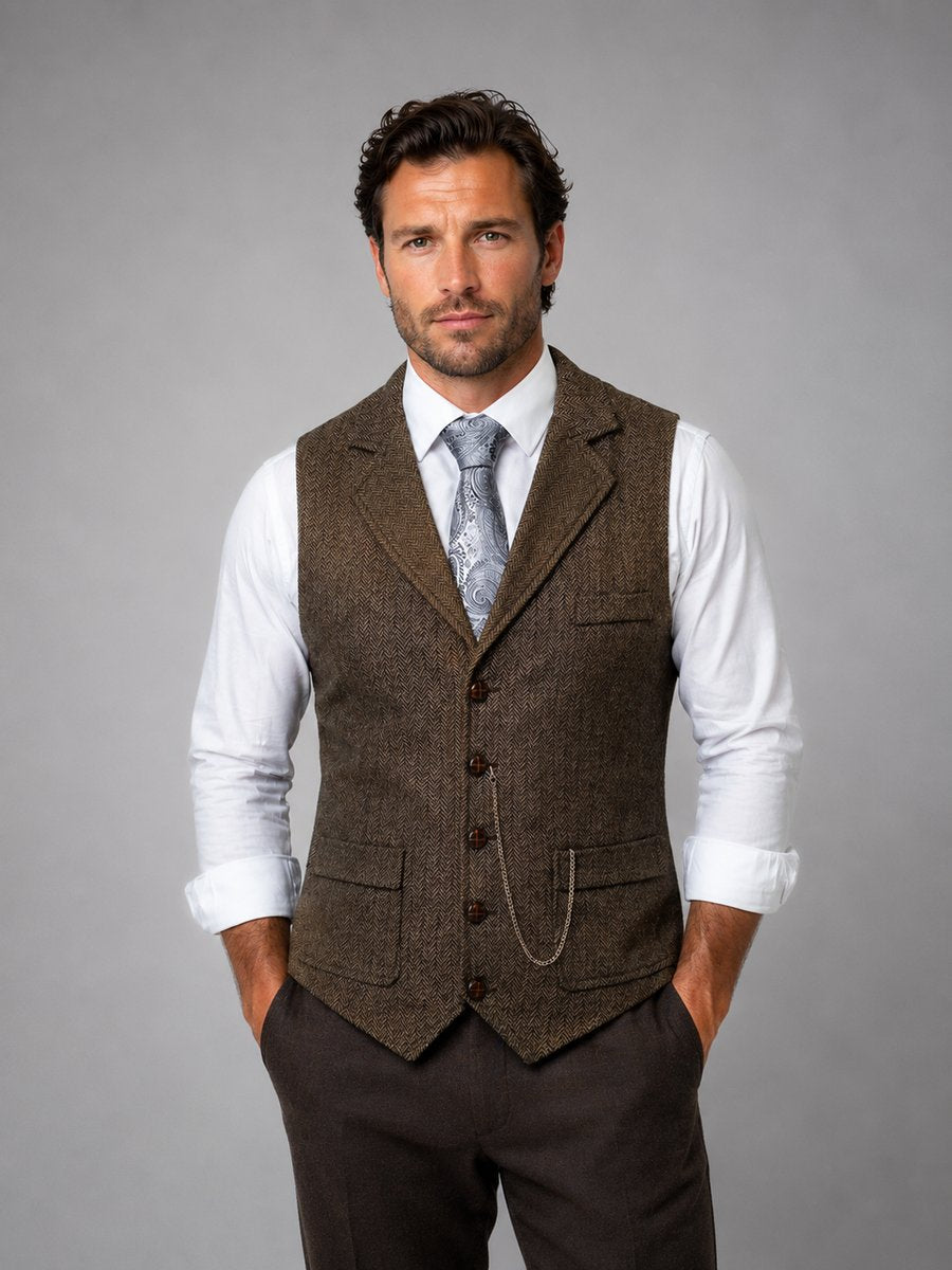 Men's Tailored Herringbone Waistcoat Vintage Smart Casual Knitted Vest