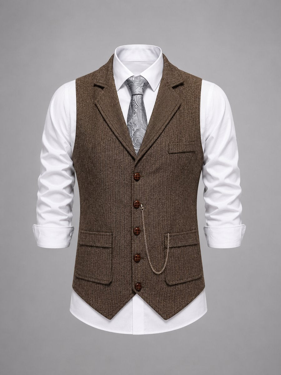 Men's Tailored Herringbone Waistcoat Vintage Smart Casual Knitted Vest