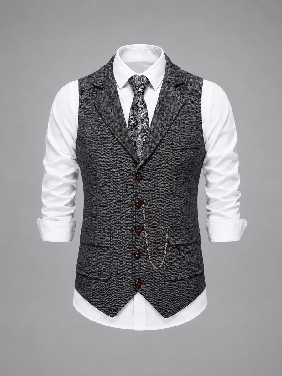 Men's Tailored Herringbone Waistcoat Vintage Smart Casual Knitted Vest