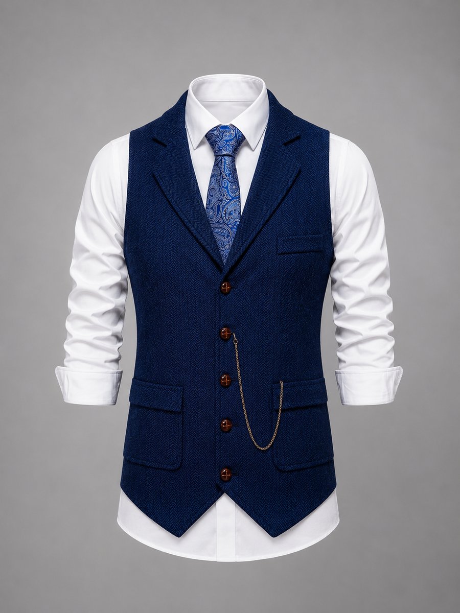 Men's Tailored Herringbone Waistcoat Vintage Smart Casual Knitted Vest