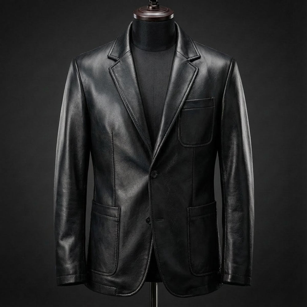 Men's Tailored Vegan Leather Blazer Jacket Notch Lapel