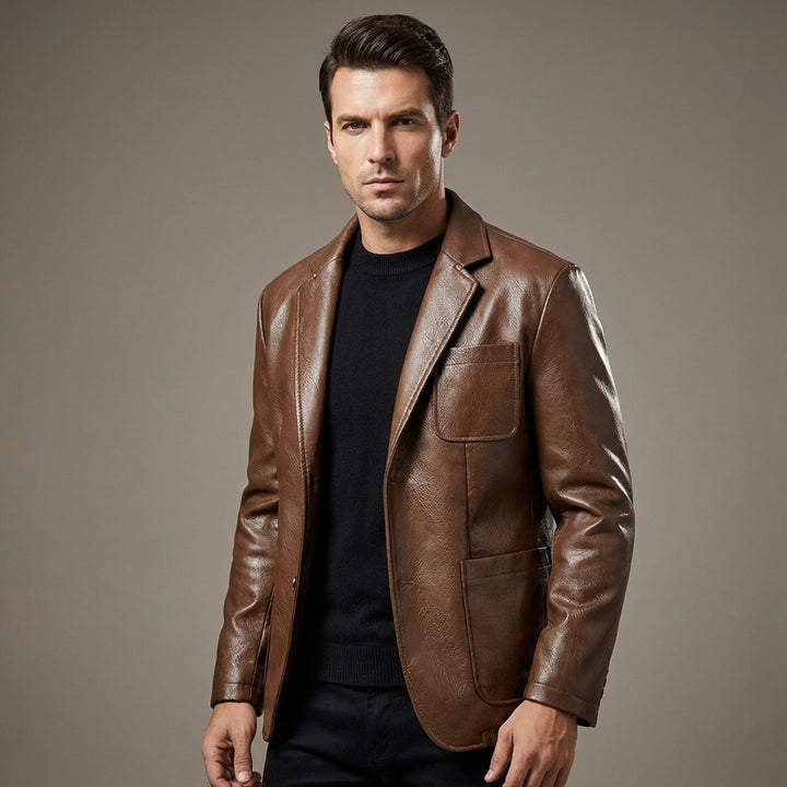 Men's Tailored Vegan Leather Blazer Jacket Notch Lapel