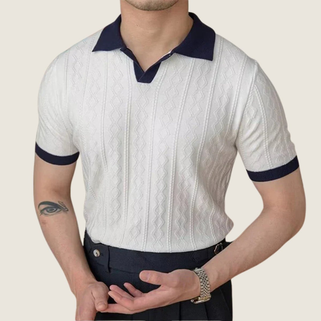 Men's Textured Contrast-Collar Short-Sleeve Polo Knit Shirt
