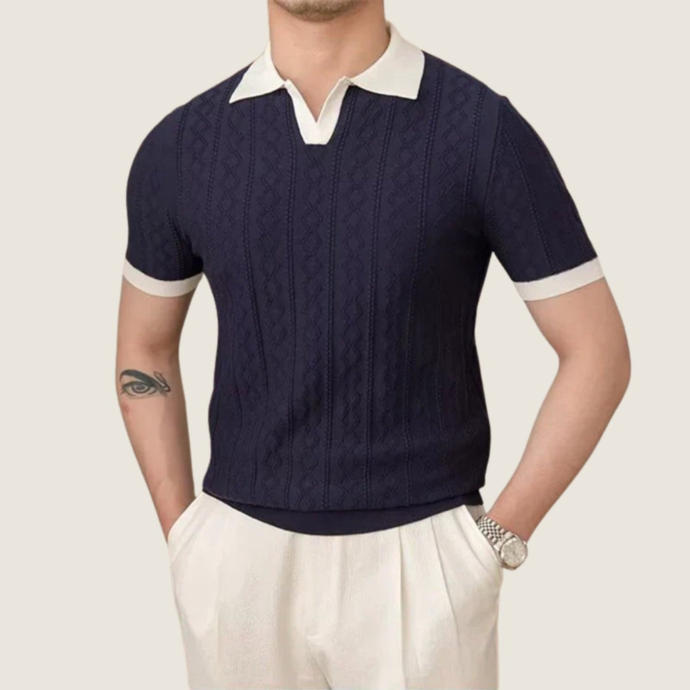 Men's Textured Contrast-Collar Short-Sleeve Polo Knit Shirt