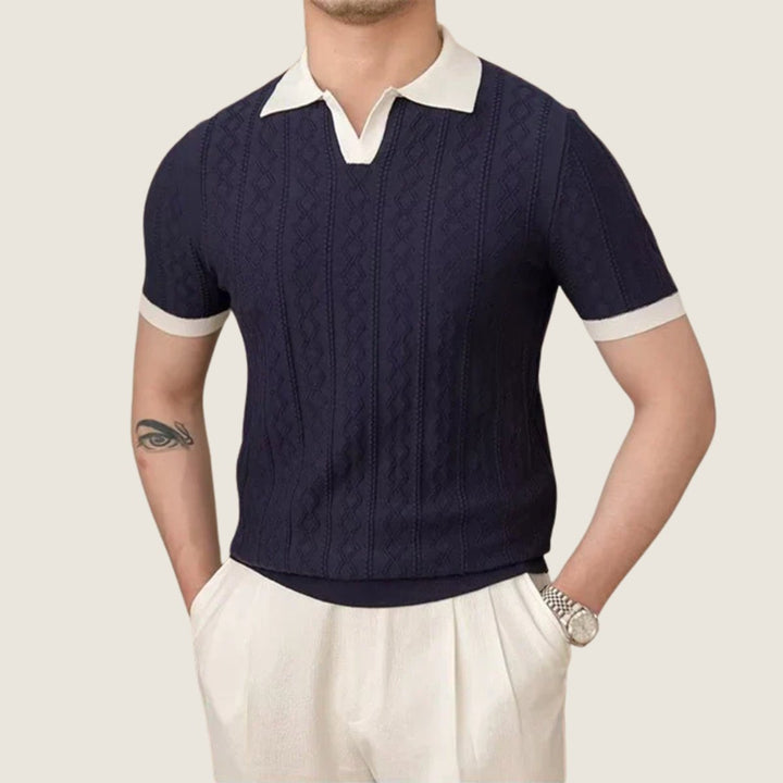 Men's Textured Contrast-Collar Short-Sleeve Polo Knit Shirt