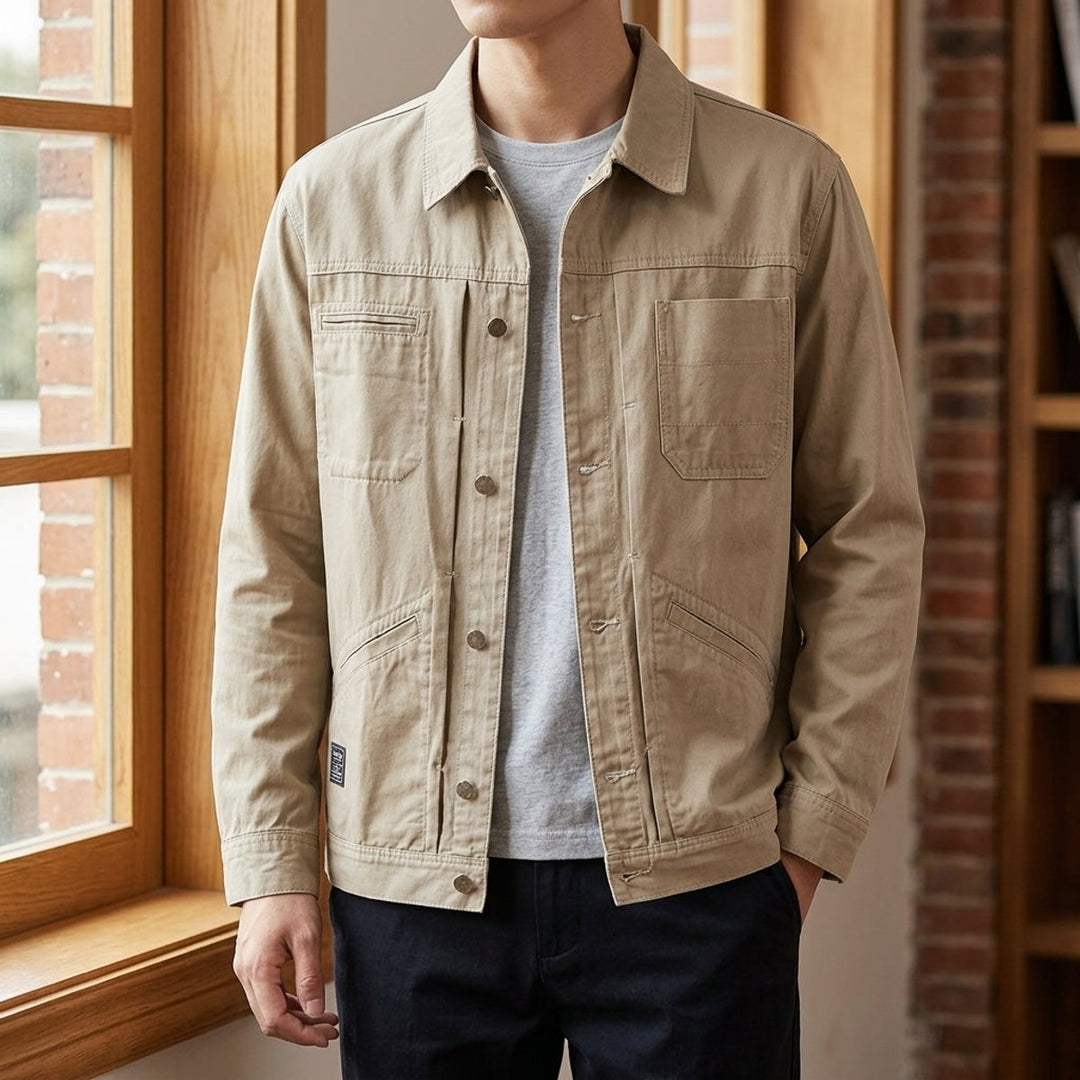Mens Utility Cotton Button-Front Jacket Four-Pocket Workwear