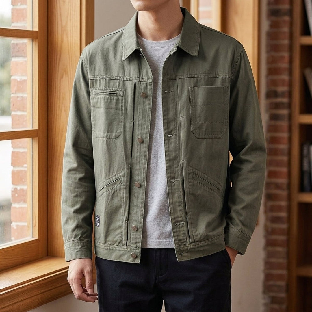 Mens Utility Cotton Button-Front Jacket Four-Pocket Workwear