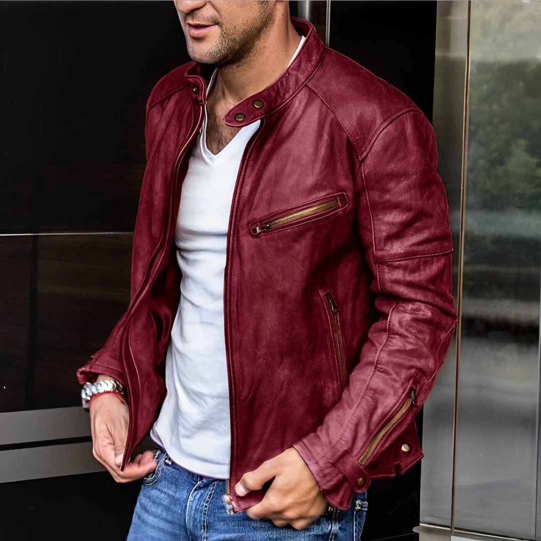 Men's Vintage Faux Leather Biker Jacket Stand-Up Collar