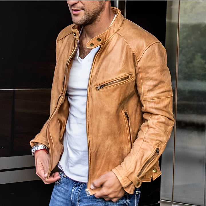 Men's Vintage Faux Leather Biker Jacket Stand-Up Collar