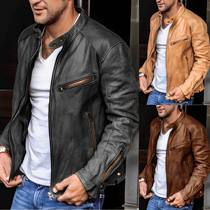 Men's Vintage Faux Leather Biker Jacket Stand-Up Collar