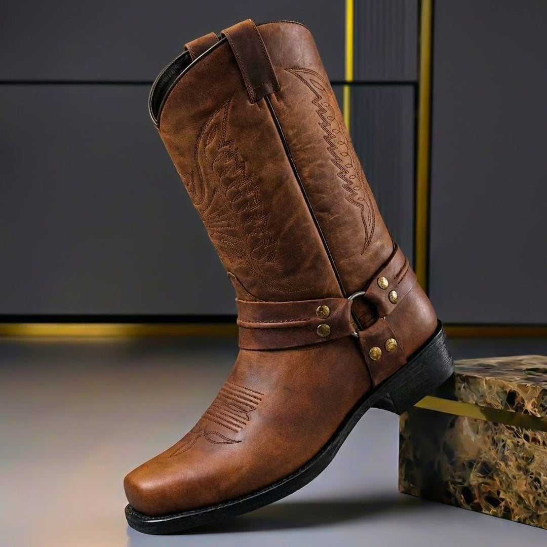 Men's Vintage Genuine Leather Knee-High Western Cowboy Boots - Cognac Brown