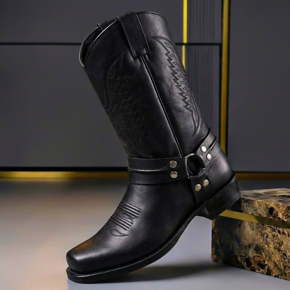 Men's Vintage Genuine Leather Knee-High Western Cowboy Boots - Obsidian Black