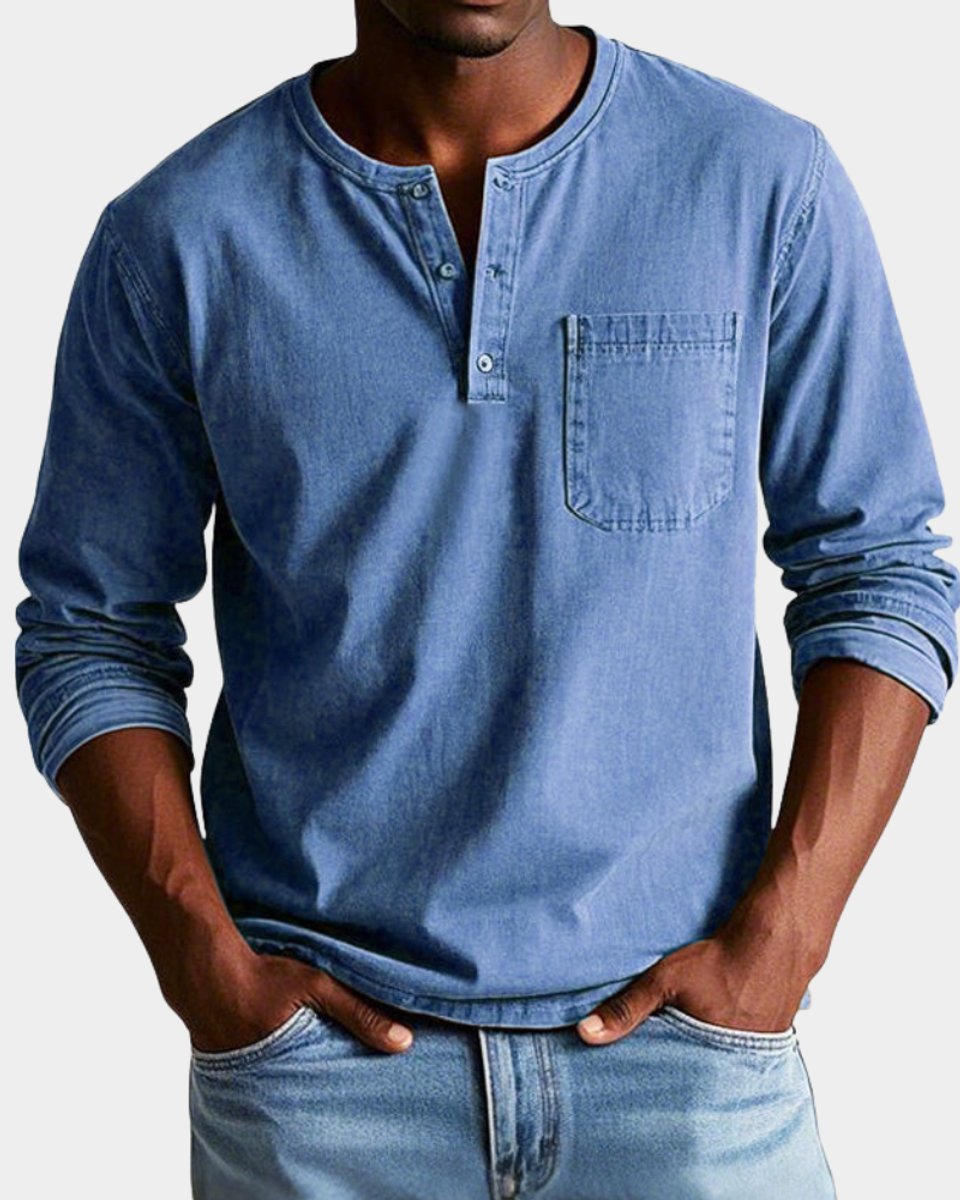 Men's Vintage Henley Long-Sleeve Shirt Chest Pocket Relaxed Fit