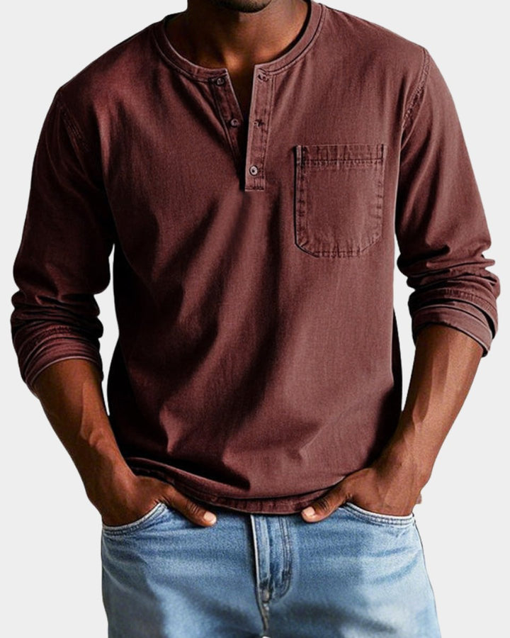 Men's Vintage Henley Long-Sleeve Shirt Chest Pocket Relaxed Fit