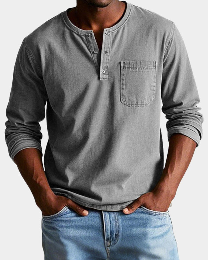Men's Vintage Henley Long-Sleeve Shirt Chest Pocket Relaxed Fit