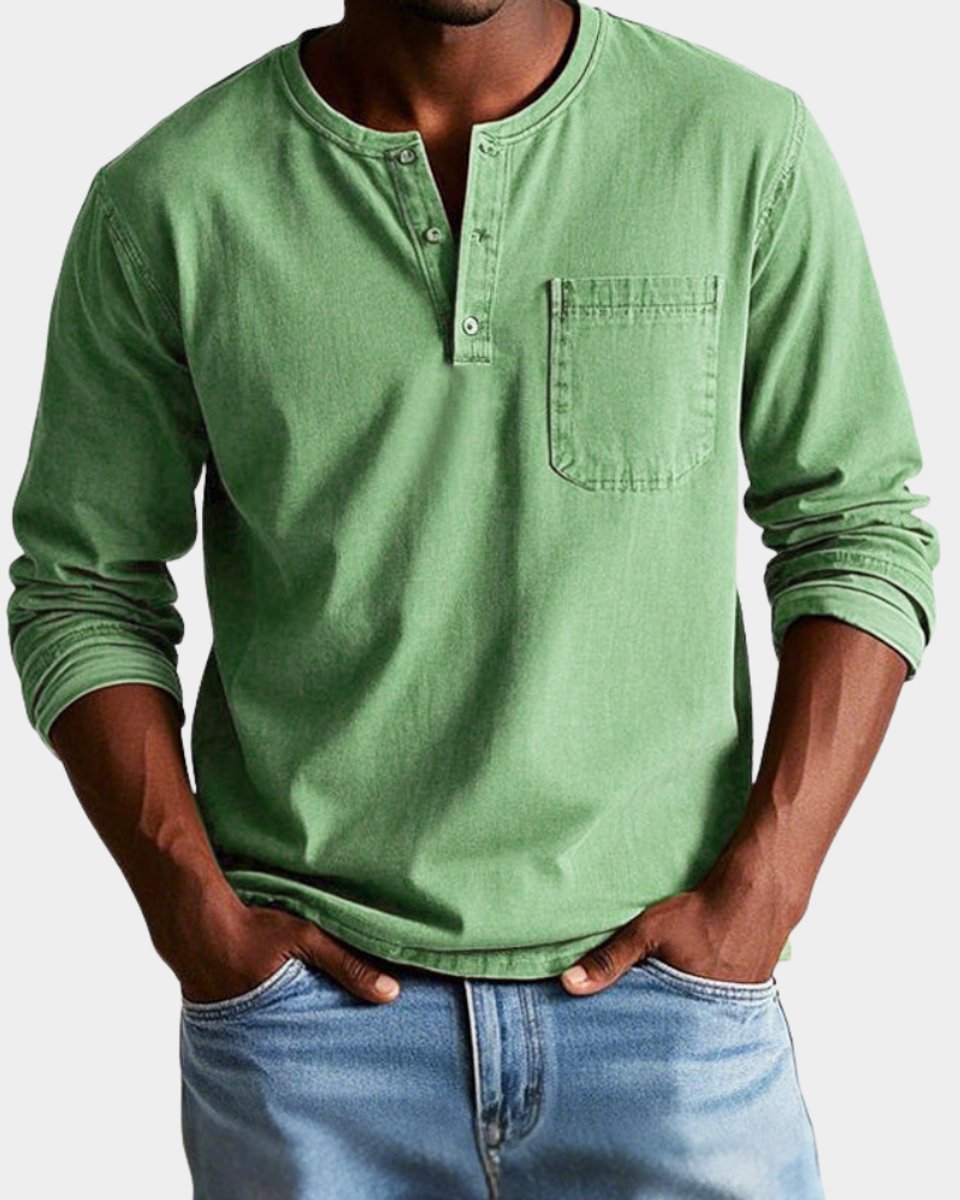 Men's Vintage Henley Long-Sleeve Shirt Chest Pocket Relaxed Fit