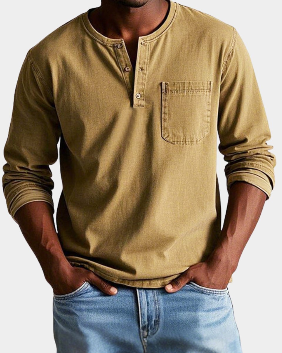 Men's Vintage Henley Long-Sleeve Shirt Chest Pocket Relaxed Fit