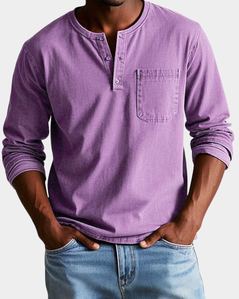 Men's Vintage Henley Long-Sleeve Shirt Chest Pocket Relaxed Fit