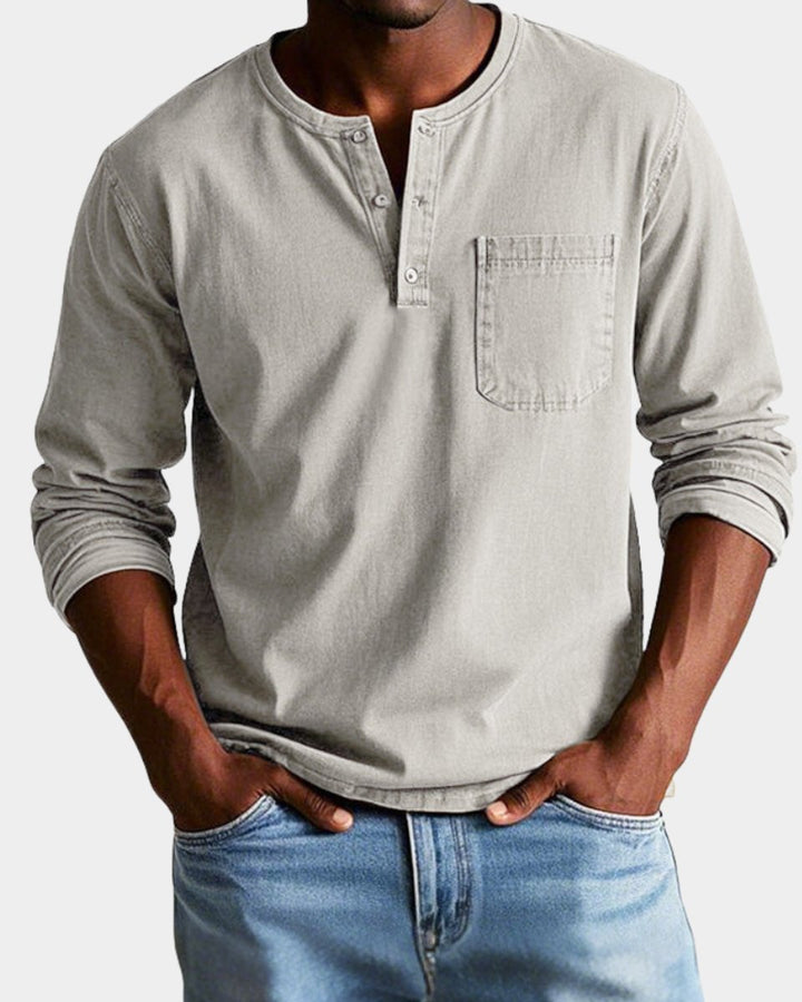 Men's Vintage Henley Long-Sleeve Shirt Chest Pocket Relaxed Fit