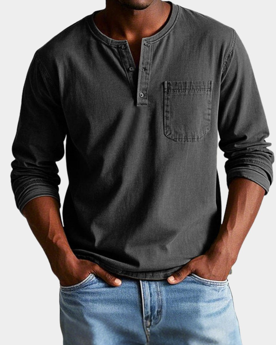 Men's Vintage Henley Long-Sleeve Shirt Chest Pocket Relaxed Fit