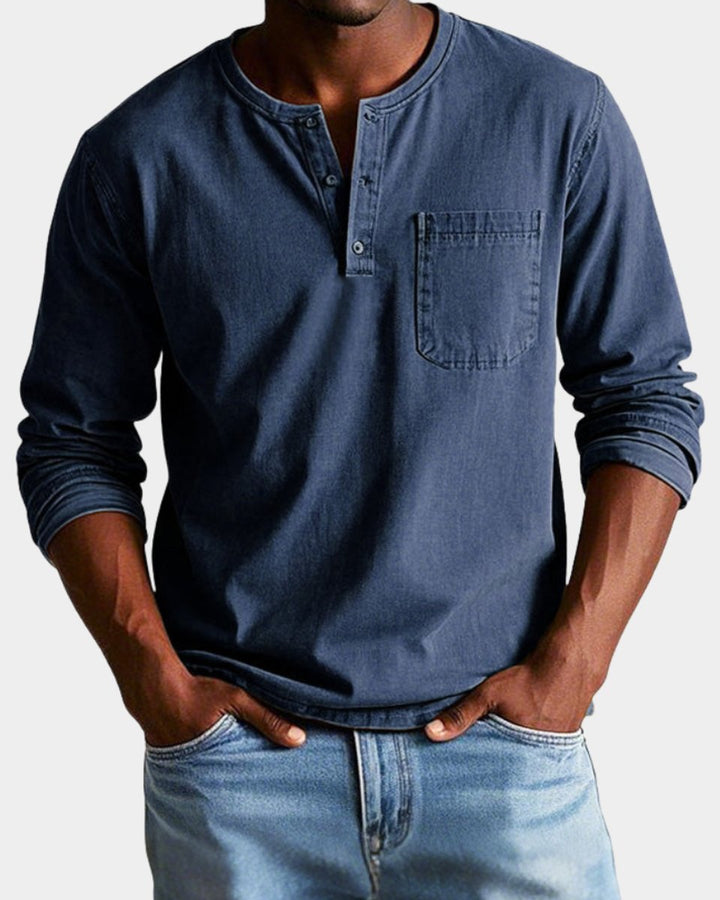 Men's Vintage Henley Long-Sleeve Shirt Chest Pocket Relaxed Fit