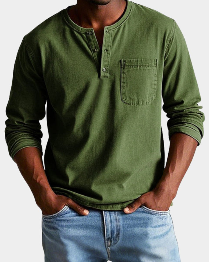 Men's Vintage Henley Long-Sleeve Shirt Chest Pocket Relaxed Fit