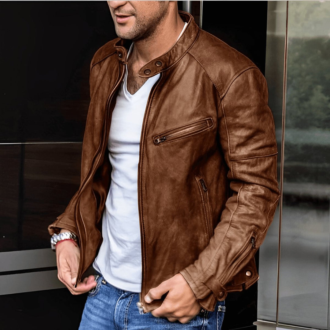 Men's Vintage Leather Biker Jacket Moto Zip-Up Coat