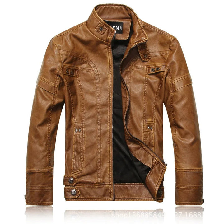 Men's Vintage Leather Bomber Jacket Stand Collar Biker Coat