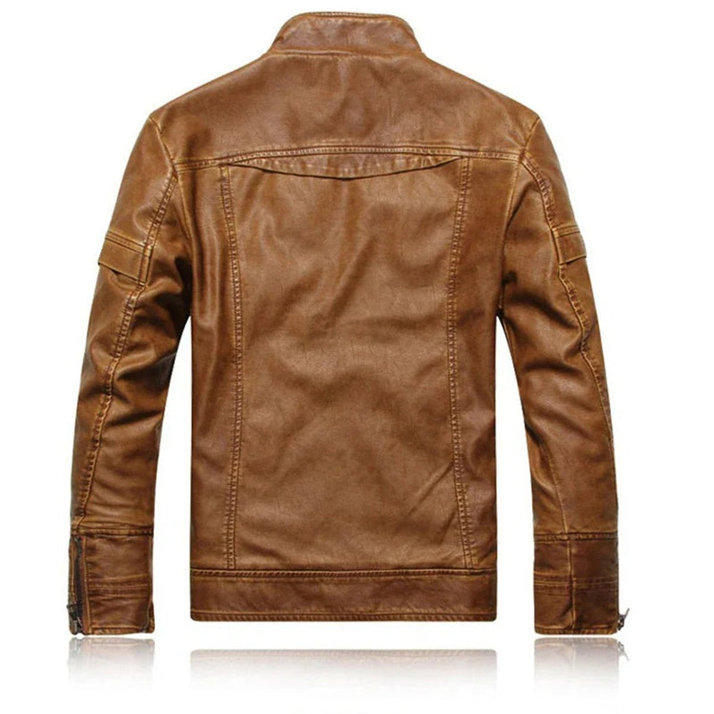Men's Vintage Leather Bomber Jacket Stand Collar Biker Coat
