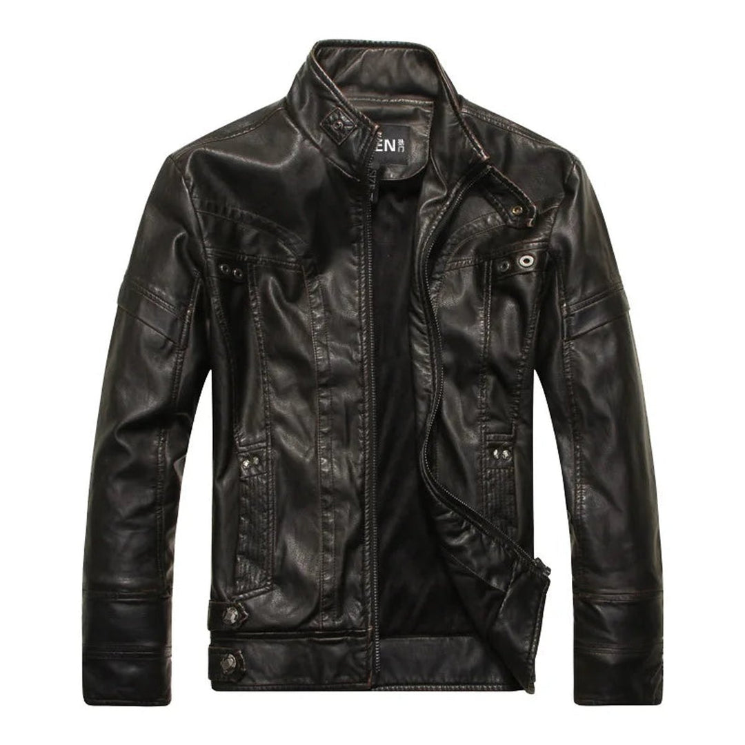 Men's Vintage Leather Bomber Jacket Stand Collar Biker Coat