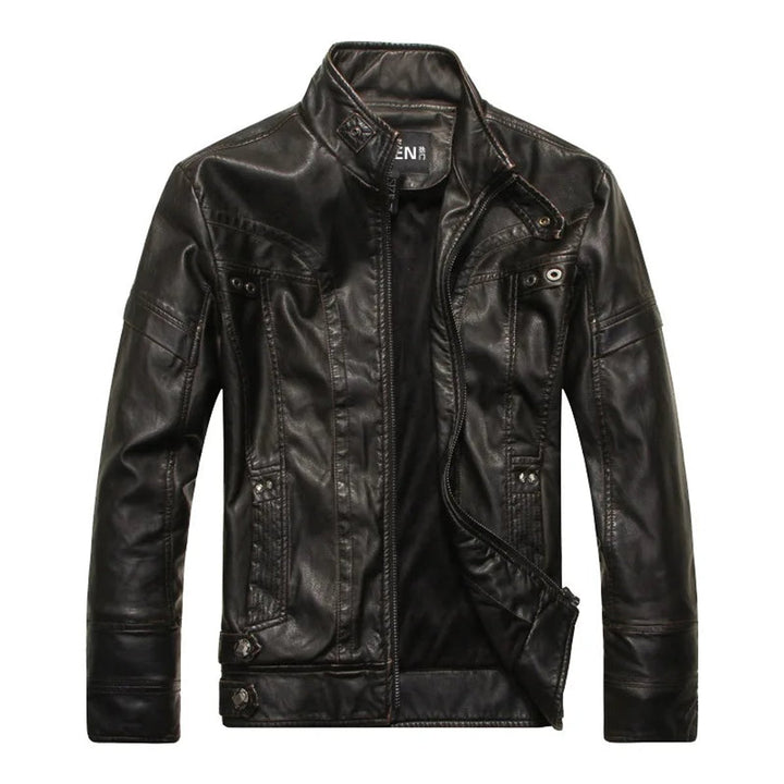 Men's Vintage Leather Bomber Jacket Stand Collar Biker Coat