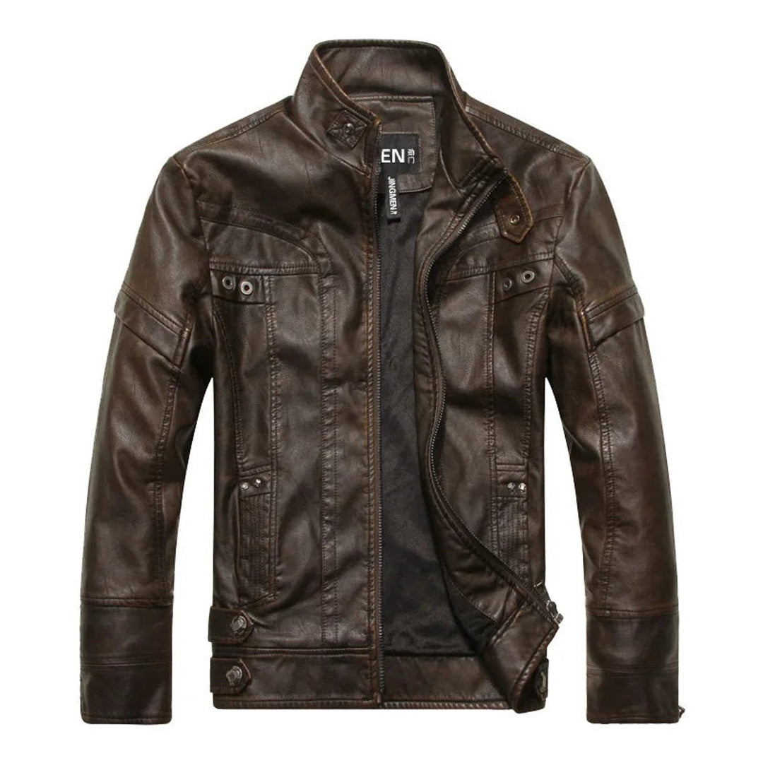 Men's Vintage Leather Bomber Jacket Stand Collar Biker Coat