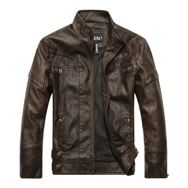 Men's Vintage Leather Bomber Jacket Stand Collar Biker Coat