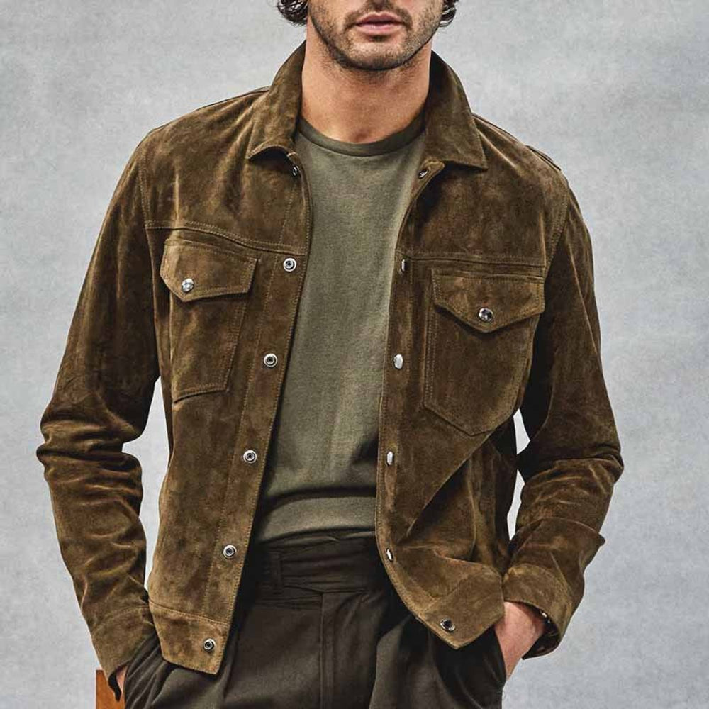 Men's Vintage Suede Bomber Jacket Chest Pockets Button-Up