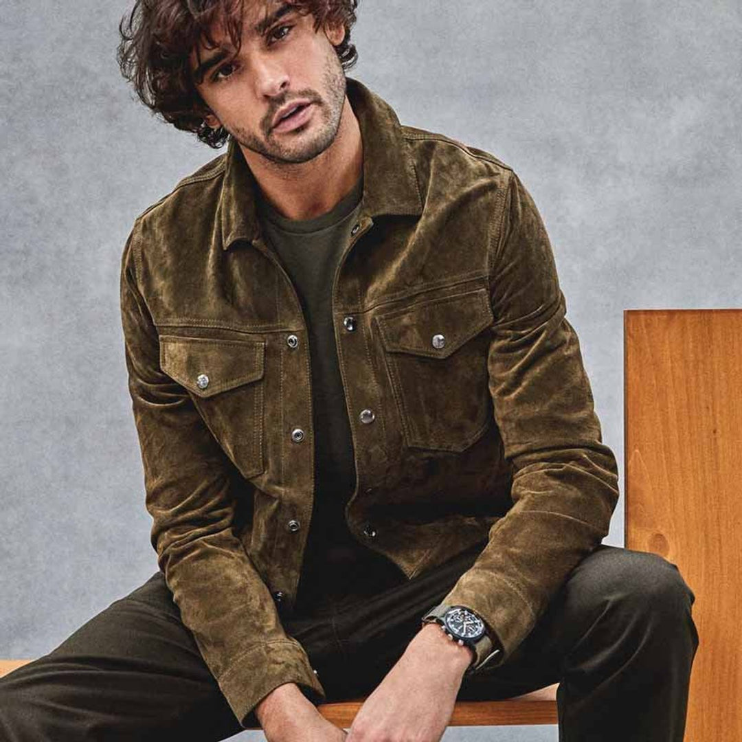 Men's Vintage Suede Bomber Jacket Chest Pockets Button-Up