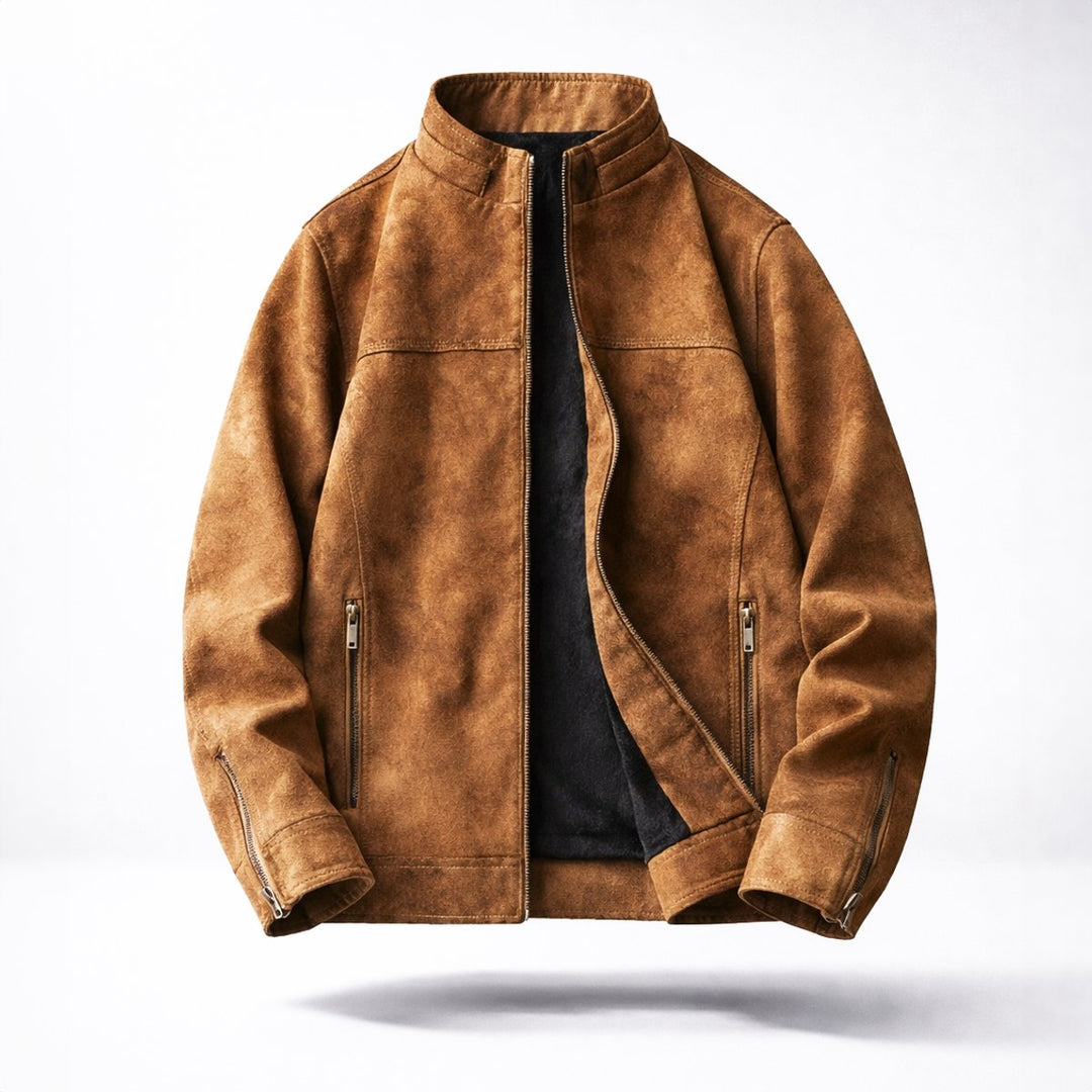 Men's Vintage Suede-Effect Fleece-Lined Bomber Jacket