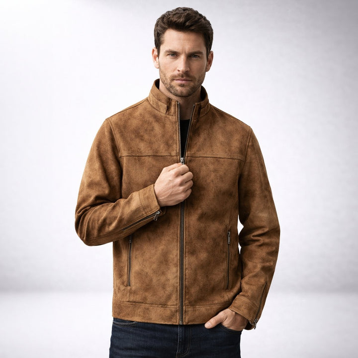Men's Vintage Suede-Effect Fleece-Lined Bomber Jacket
