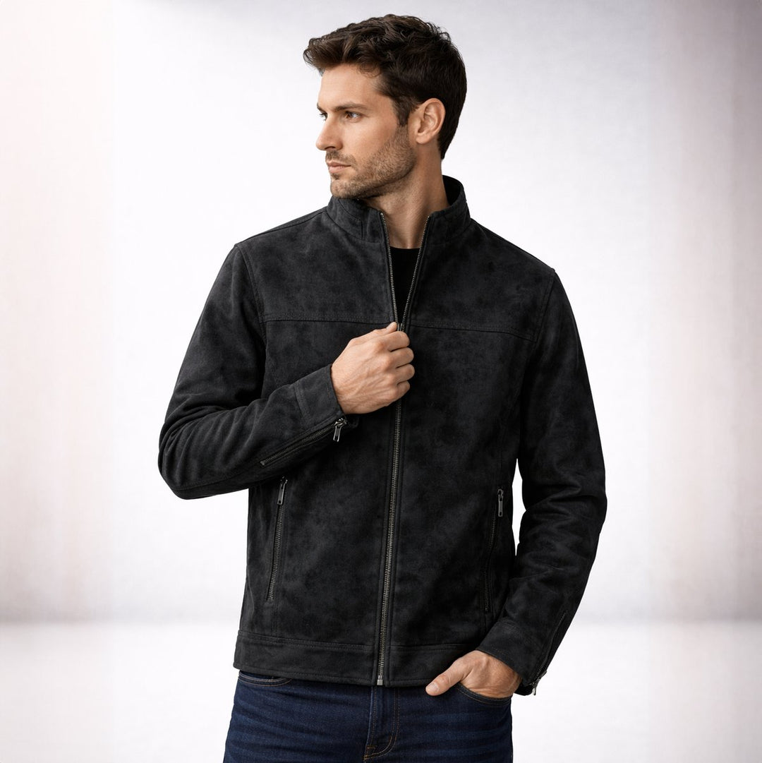 Men's Vintage Suede-Effect Fleece-Lined Bomber Jacket