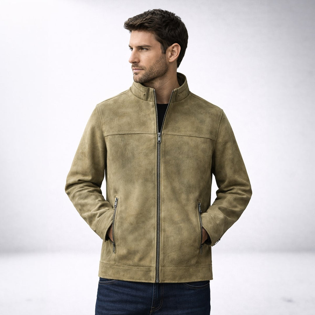 Men's Vintage Suede-Effect Fleece-Lined Bomber Jacket