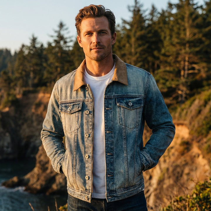 Men's Vintage-Wash Denim Trucker Jacket Mens Coats Outerwear