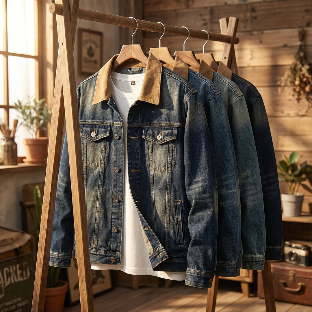 Men's Vintage-Wash Denim Trucker Jacket Mens Coats Outerwear