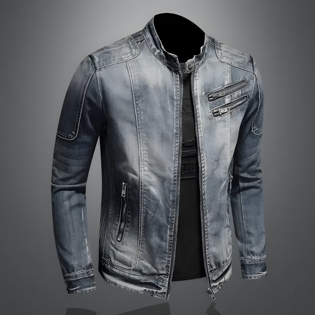 Men's Vintage Wash Retro Denim Bomber Jacket Tailored Fit