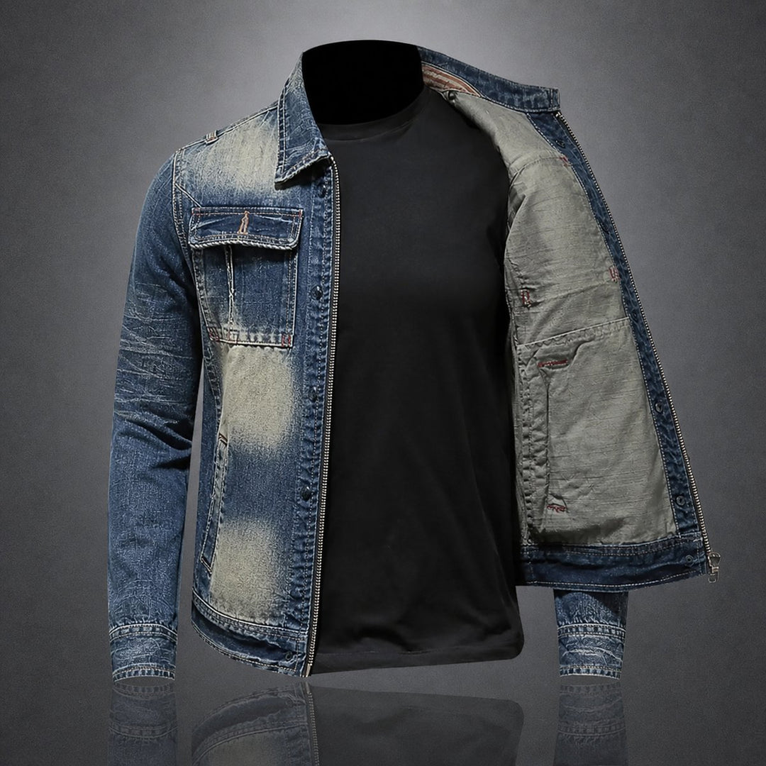 Mens Vintage Washed Zip-Up Denim Jacket