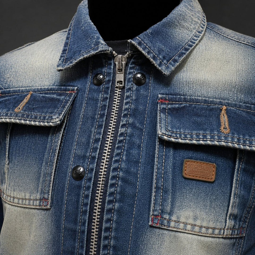 Mens Vintage Washed Zip-Up Denim Jacket
