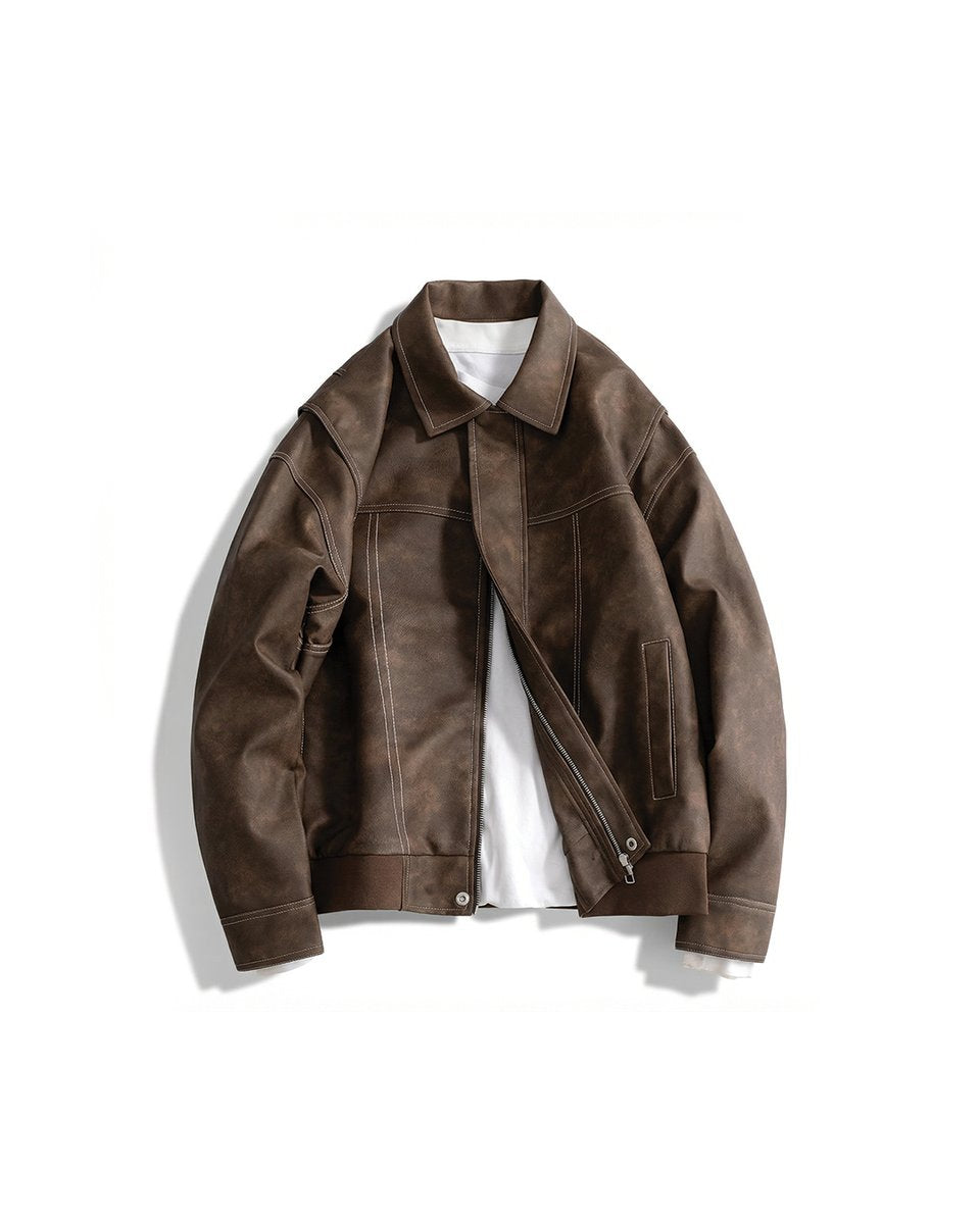 Men's Vintage Zip-Up Faux Leather Bomber Jacket