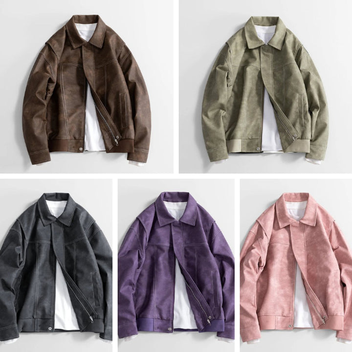 Men's Vintage Zip-Up Faux Leather Bomber Jacket
